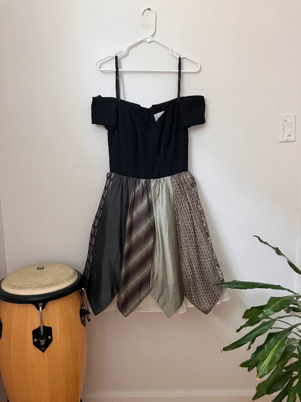 UNIQUE Upcycled Tie Cocktail Dress | 1980 bodice | Off-Shoulder | Size S